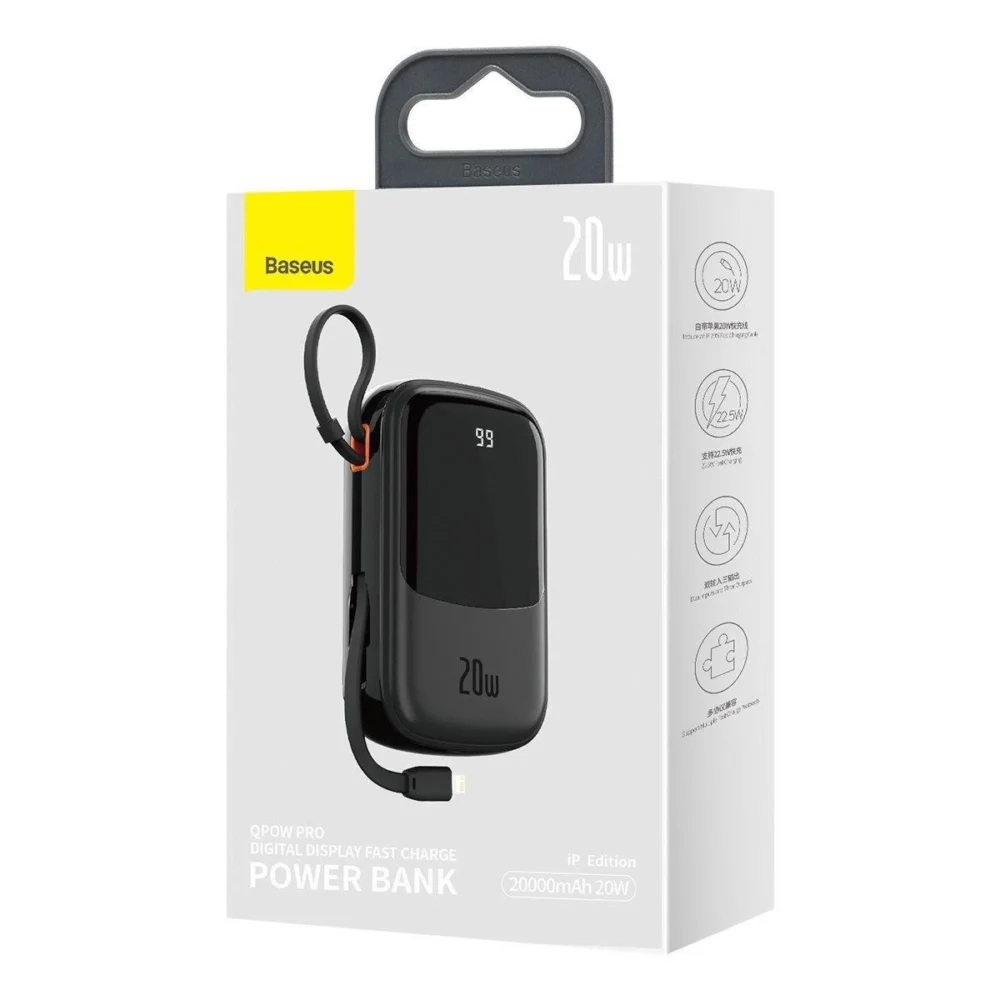 Baseus Qpow Digital Display power bank with fast charging 20000mAh 20W QC/PD/SCP/FCP with built-in Lightning cable blackeng