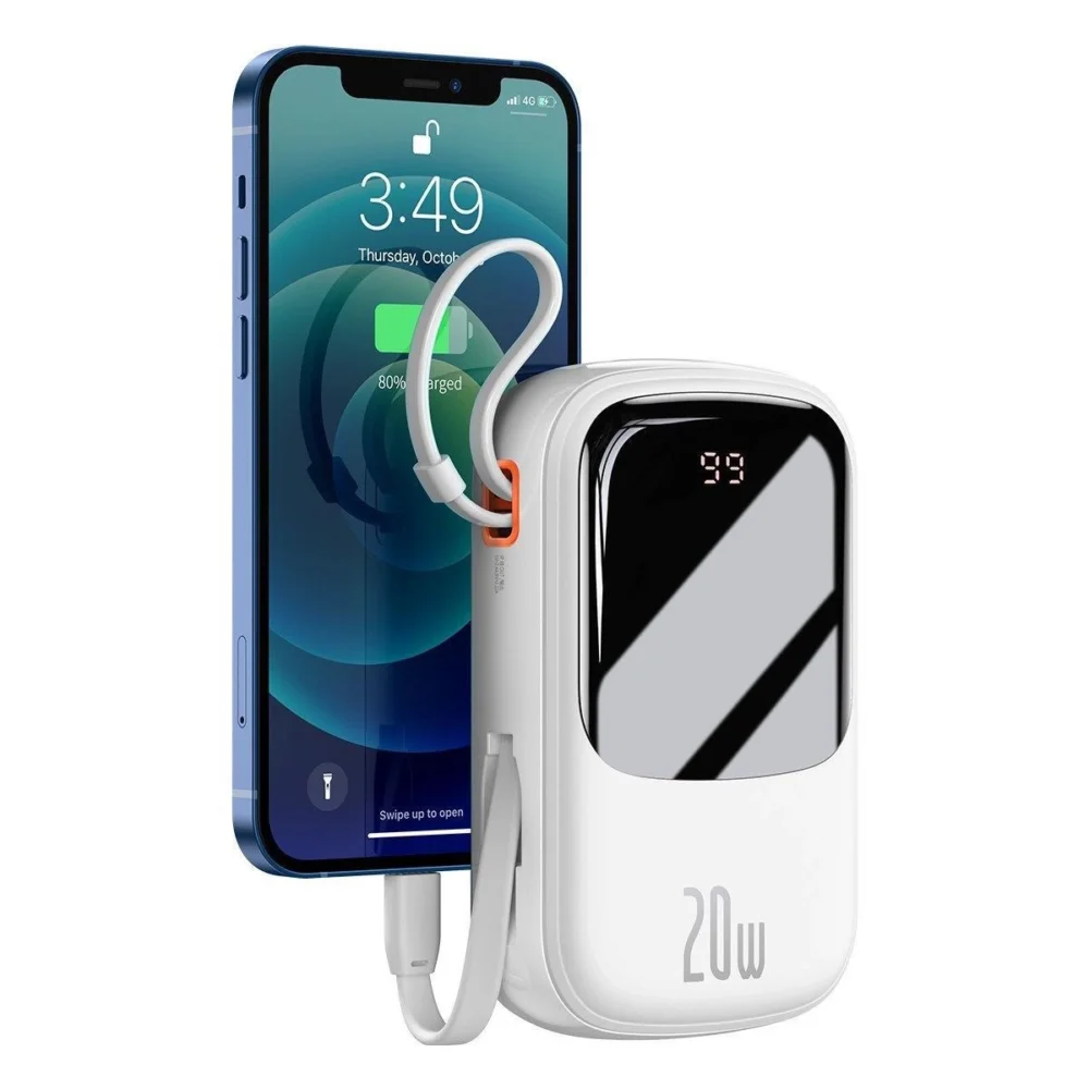 Baseus Qpow Digital Display Power Bank with Fast Charging 20000mAh 20W QC/PD/SCP/FCP with Built-in Lightning Cable Whiteeng