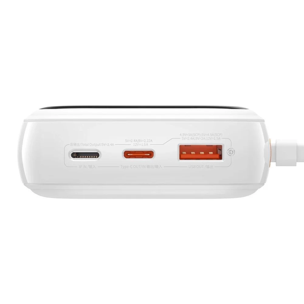 Baseus Qpow Digital Display Power Bank with Fast Charging 20000mAh 20W QC/PD/SCP/FCP with Built-in Lightning Cable Whiteeng