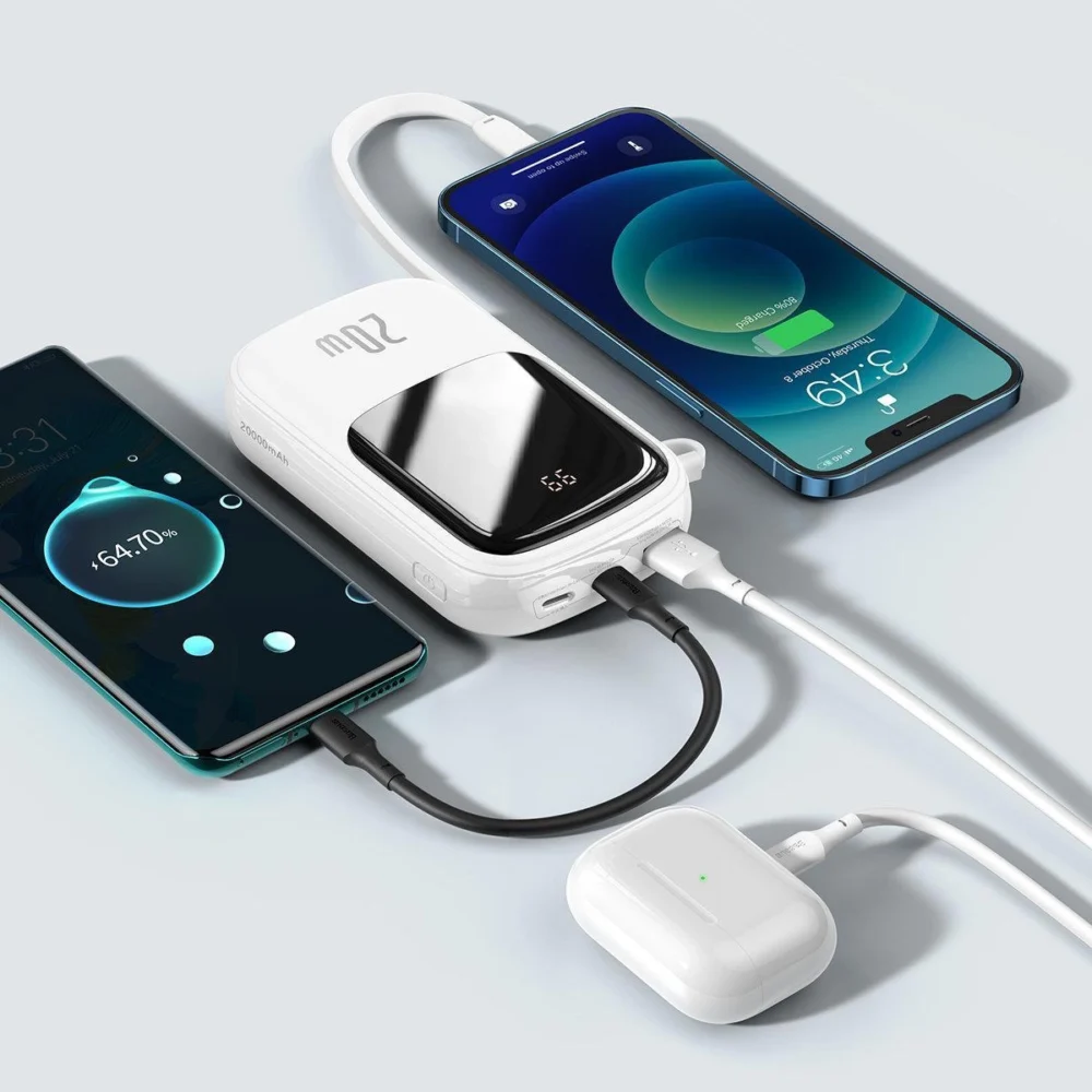 Baseus Qpow Digital Display Power Bank with Fast Charging 20000mAh 20W QC/PD/SCP/FCP with Built-in Lightning Cable Whiteeng