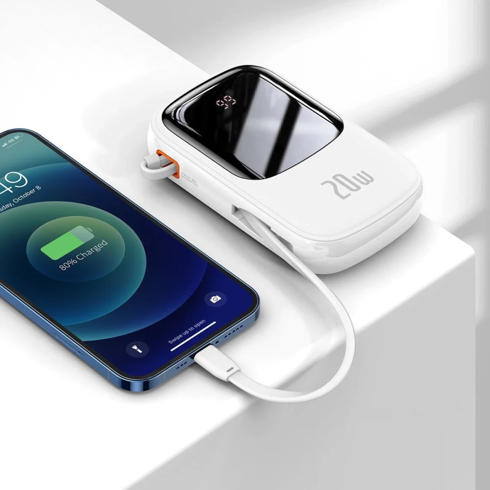 Baseus Qpow Digital Display Power Bank with Fast Charging 20000mAh 20W QC/PD/SCP/FCP with Built-in Lightning Cable Whiteeng