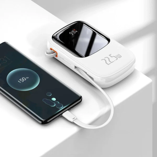 Baseus Qpow Digital Display powerbank with fast charging 20000mAh 22.5W QC/PD/SCP/FCP with built-in USB-C cable whiteeng