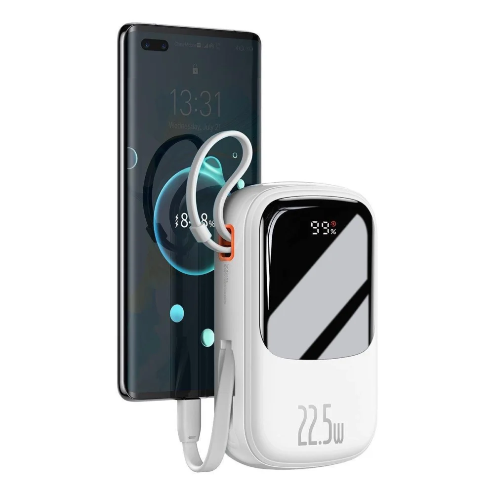 Baseus Qpow Digital Display powerbank with fast charging 20000mAh 22.5W QC/PD/SCP/FCP with built-in USB-C cable whiteeng