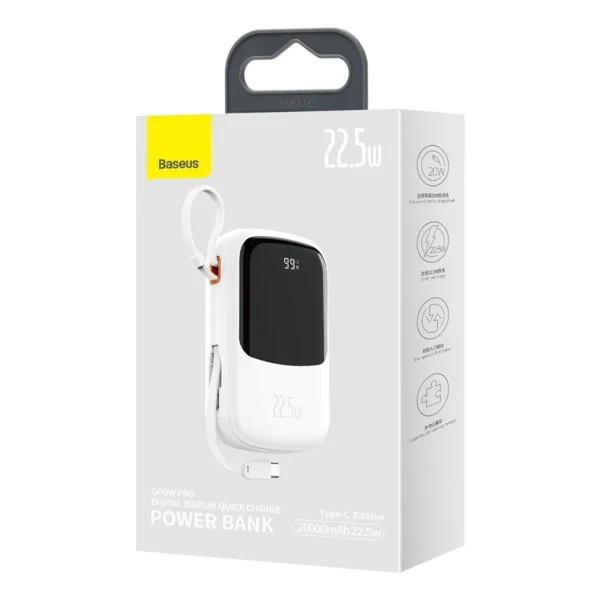 Baseus Qpow Digital Display powerbank with fast charging 20000mAh 22.5W QC/PD/SCP/FCP with built-in USB-C cable whiteeng