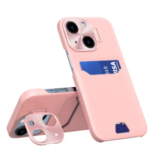 Leather Stand Case for iPhone 14 Plus Card Wallet Cover with Stand Pinkeng