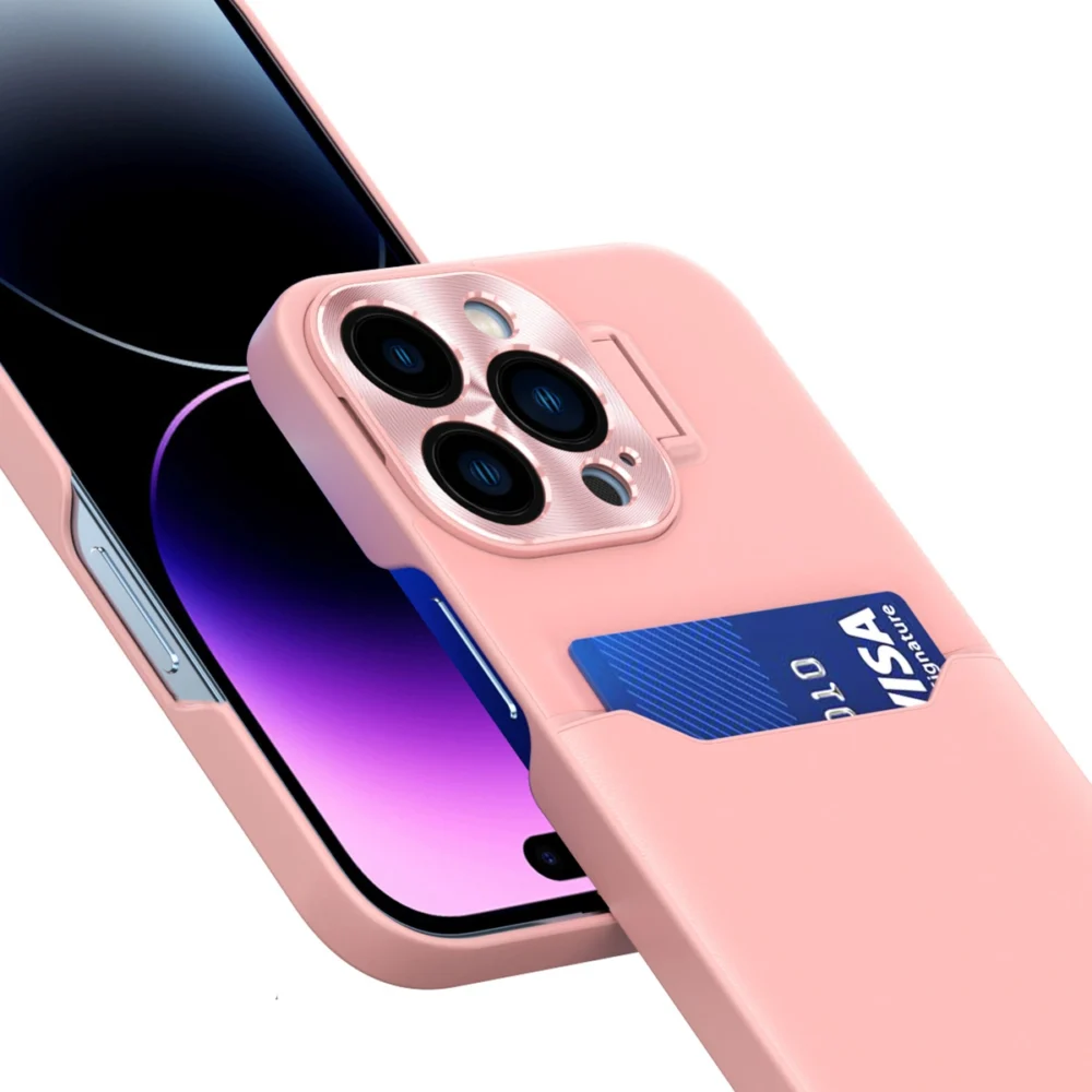 Leather Stand Case for iPhone 14 Plus Card Wallet Cover with Stand Pinkeng