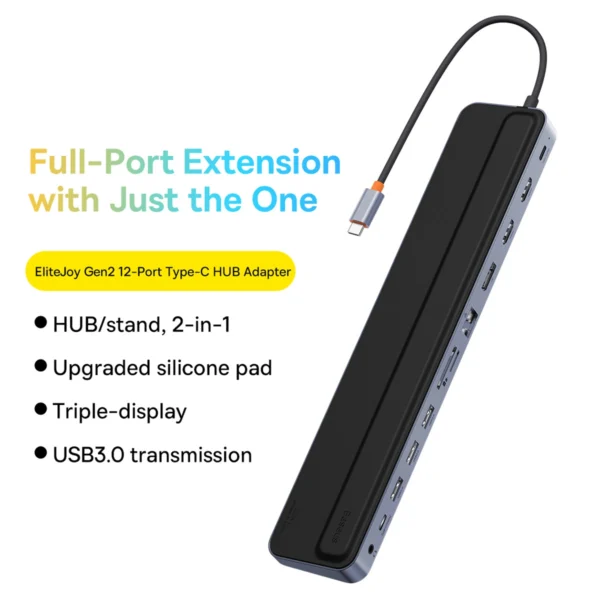 Baseus EliteJoy Gen2 universal USB HUB 12in1 with USB-C cable 25cm notebook stand USB-A / USB-C / DP / HDMI / SD / TF / RJ45 / 3.5mm jack / PD 100W gray (WKSX030213)eng