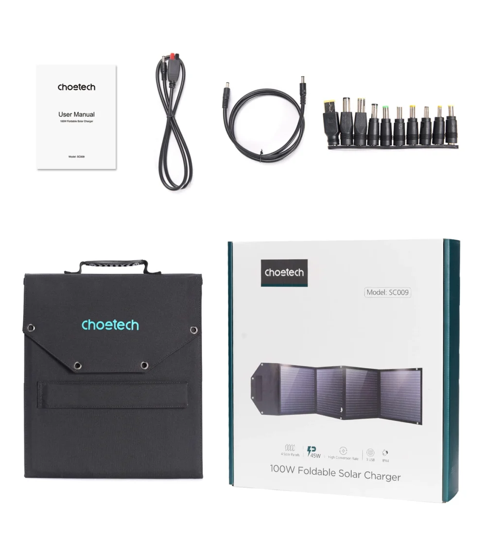 Choetech SC009-V2 solar foldable charger 100W USB-C / 2x USB-A PD QC - blackeng