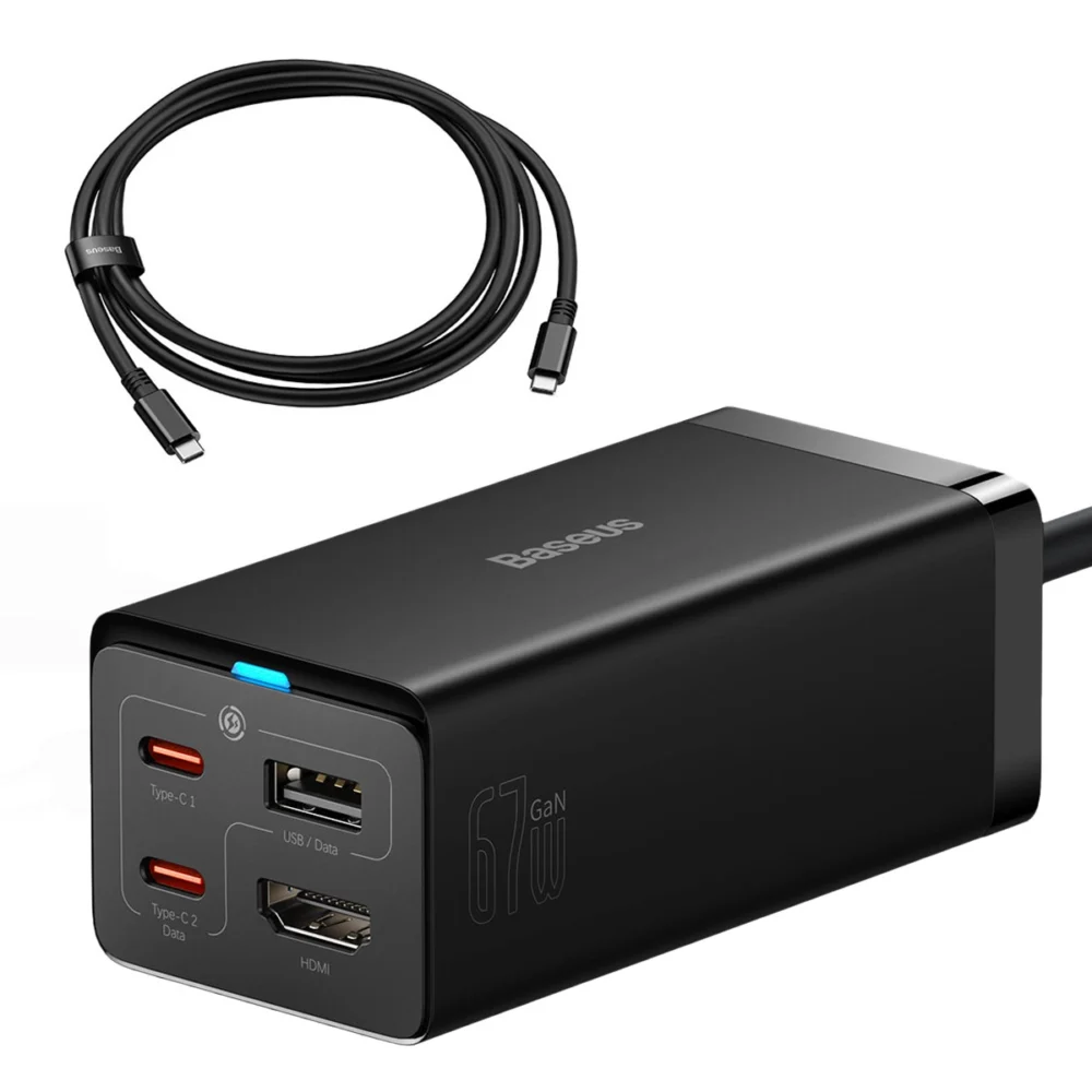 Baseus fast charger GaN5 Pro HUB HDMI 2 x USB-C / USB-A / HDMI 4K 30Hz 1.5m black + USB-C cable - USB-C 100W 40Gb/s (USB4) 1m (CCGP110201)eng