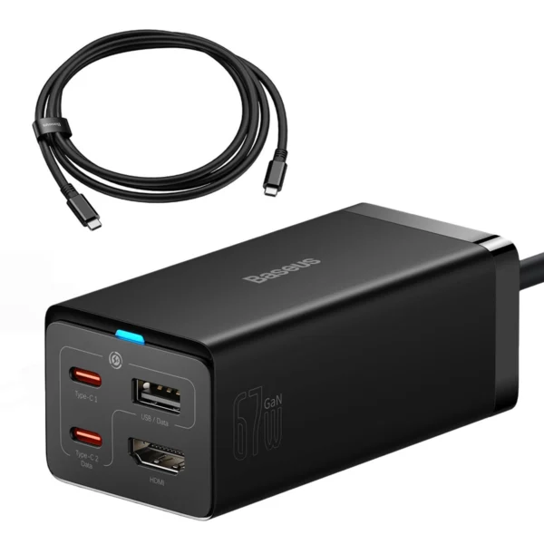 Baseus fast charger GaN5 Pro HUB HDMI 2 x USB-C / USB-A / HDMI 4K 30Hz 1.5m black + USB-C cable - USB-C 100W 40Gb/s (USB4) 1m (CCGP110201)eng
