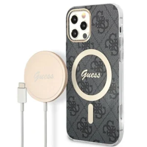 Set Guess GUBPP12MH4EACSK Case+ Charger iPhone 12/12 Pro black/black hard case 4G Print MagSafeeng