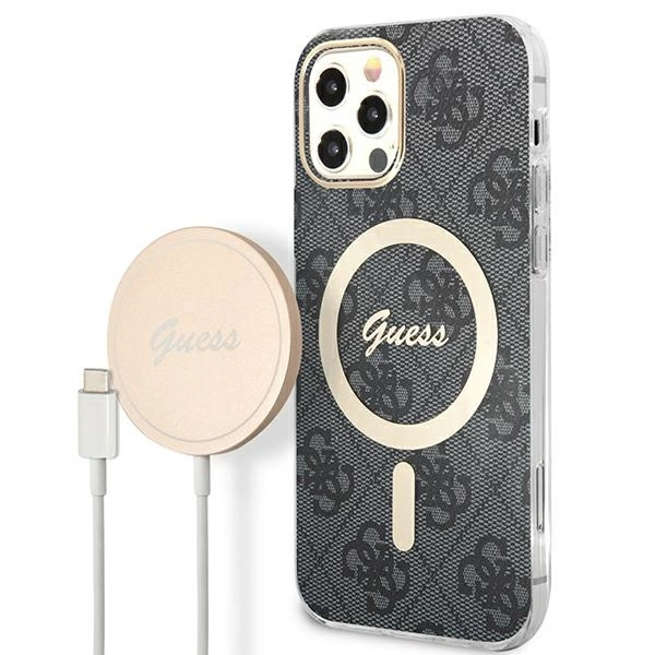 Set Guess GUBPP12MH4EACSK Case+ Charger iPhone 12/12 Pro black/black hard case 4G Print MagSafeeng