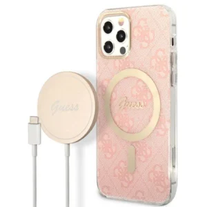 Set Guess GUBPP12MH4EACSP Case+ Charger iPhone 12/12 Pro pink/pink hard case 4G Print MagSafeeng