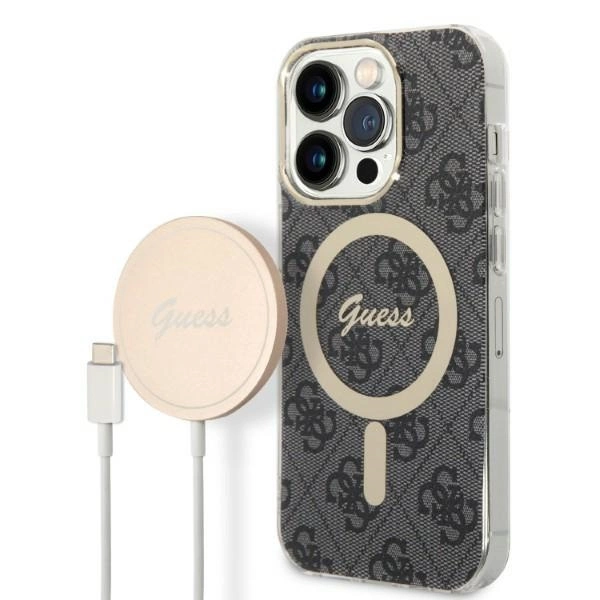Set Guess GUBPP14LH4EACSK Case+ Charger iPhone 14 Pro 6.1" black/black hard case 4G Print MagSafeeng