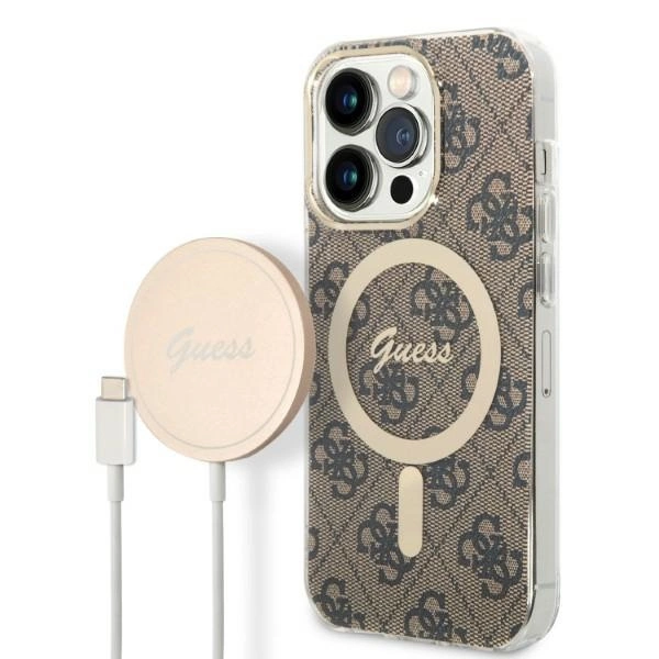 Set Guess GUBPP14LH4EACSW Case+ Charger iPhone 14 Pro 6.1" brown/brown hard case 4G Print MagSafeeng