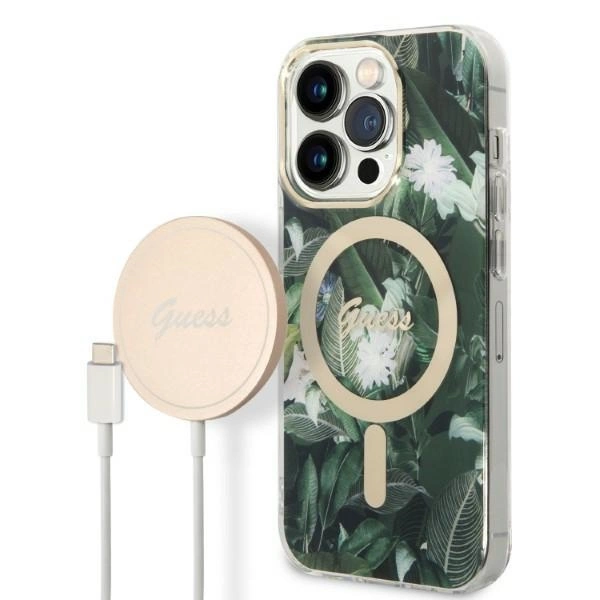 Set Guess GUBPP14LHJEACSA Case+ Charger iPhone 14 Pro 6.1" green/green hard case Jungle MagSafeeng