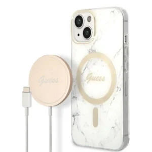 Set Guess GUBPP14MHMEACSH Case+ Charger iPhone 14 Plus 6.7" white/white hard case Marble MagSafeeng