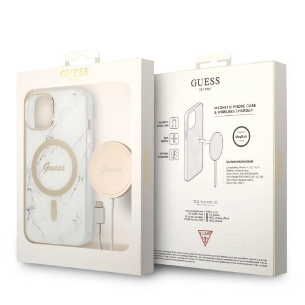 Set Guess GUBPP14MHMEACSH Case+ Charger iPhone 14 Plus 6.7" white/white hard case Marble MagSafeeng