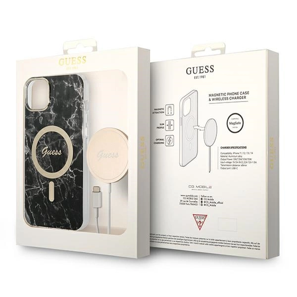 Set Guess GUBPP14MHMEACSK Case+ Charger iPhone 14 Plus 6.7" black/black hard case Marble MagSafeeng