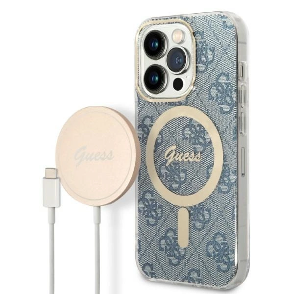 Set Guess GUBPP14XH4EACSB Case+ Charger iPhone 14 Pro Max 6.7" blue/blue hard case 4G Print MagSafeeng
