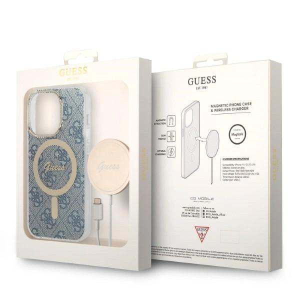 Set Guess GUBPP14XH4EACSB Case+ Charger iPhone 14 Pro Max 6.7" blue/blue hard case 4G Print MagSafeeng