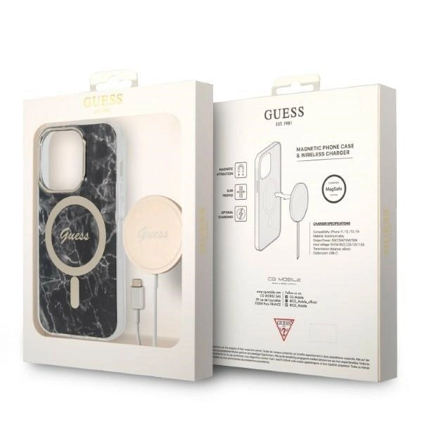 Set Guess GUBPP14XHMEACSK Case+ Charger iPhone 14 Pro Max 6.7" black/black hard case Marble MagSafeeng