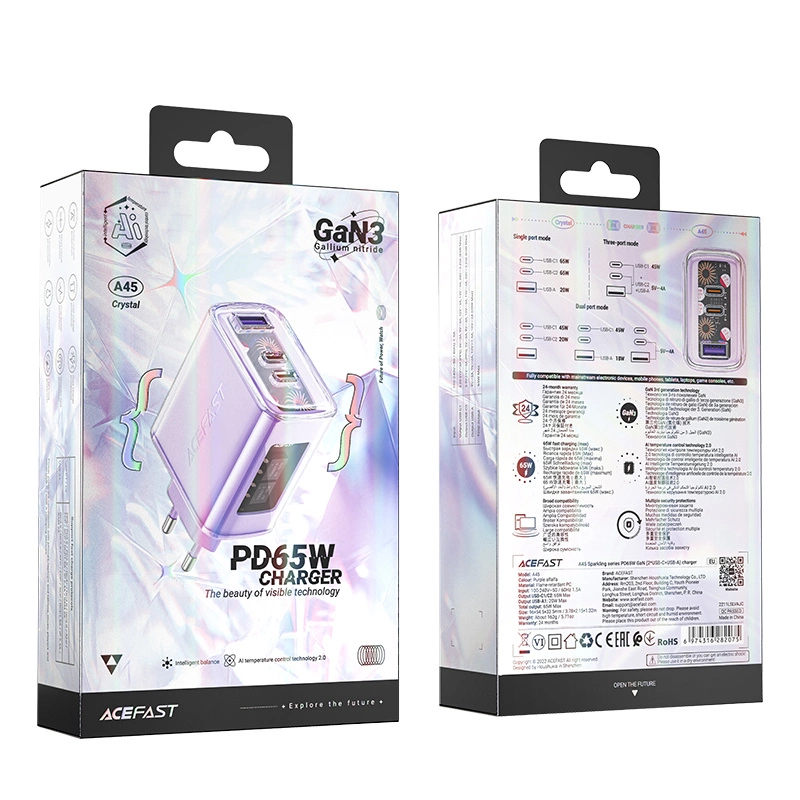 Acefast charger GaN 65W 3 ports (1xUSB, 2xUSB C) purple (A45)eng