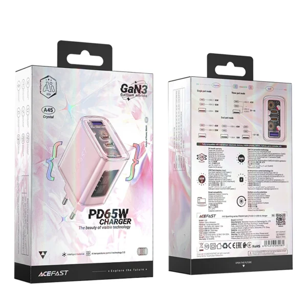 Acefast charger GaN 65W 3 ports (1xUSB, 2xUSB C) pink (A45)eng