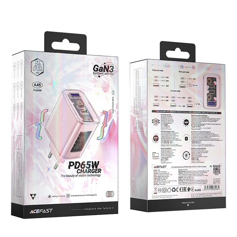 Acefast charger GaN 65W 3 ports (1xUSB, 2xUSB C) pink (A45)eng