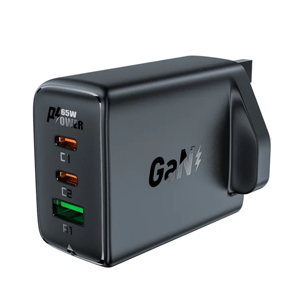 Acefast charger GaN 65W 3 ports (1xUSB, 2xUSB C PD) UK plug black (A44)eng