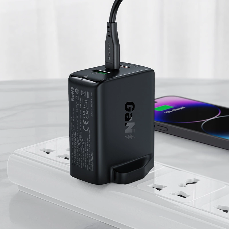 Acefast charger GaN 65W 3 ports (1xUSB, 2xUSB C PD) UK plug black (A44)eng