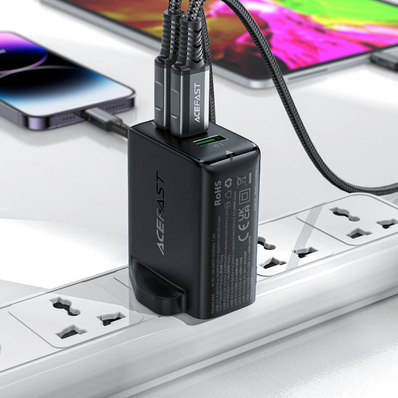 Acefast charger GaN 65W 3 ports (1xUSB, 2xUSB C PD) UK plug black (A44)eng