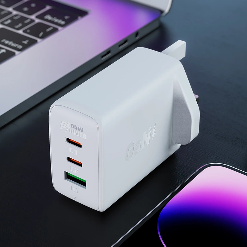 Acefast charger GaN 65W 3 ports (1xUSB, 2xUSB C PD) UK plug black (A44)eng