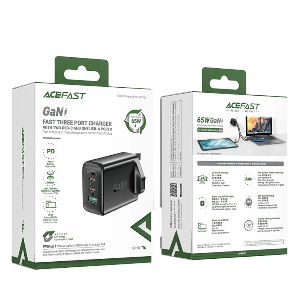 Acefast charger GaN 65W 3 ports (1xUSB, 2xUSB C PD) UK plug black (A44)eng