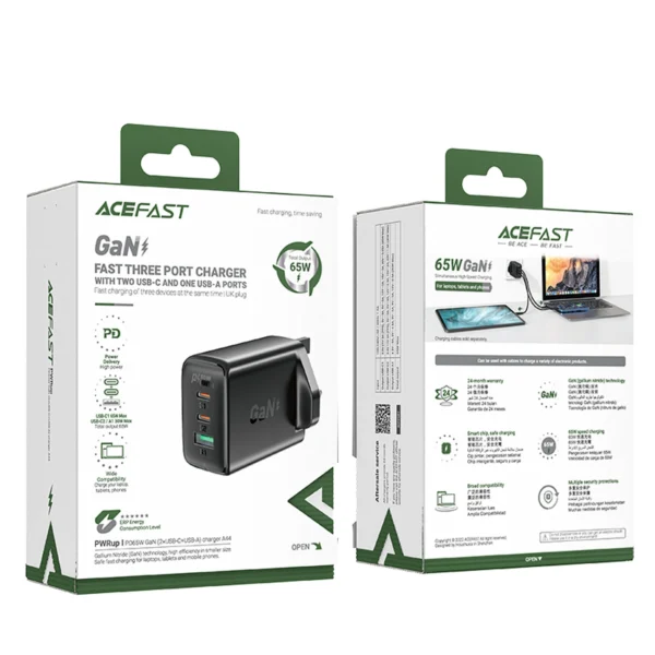 Acefast charger GaN 65W 3 ports (1xUSB, 2xUSB C PD) UK plug black (A44)eng
