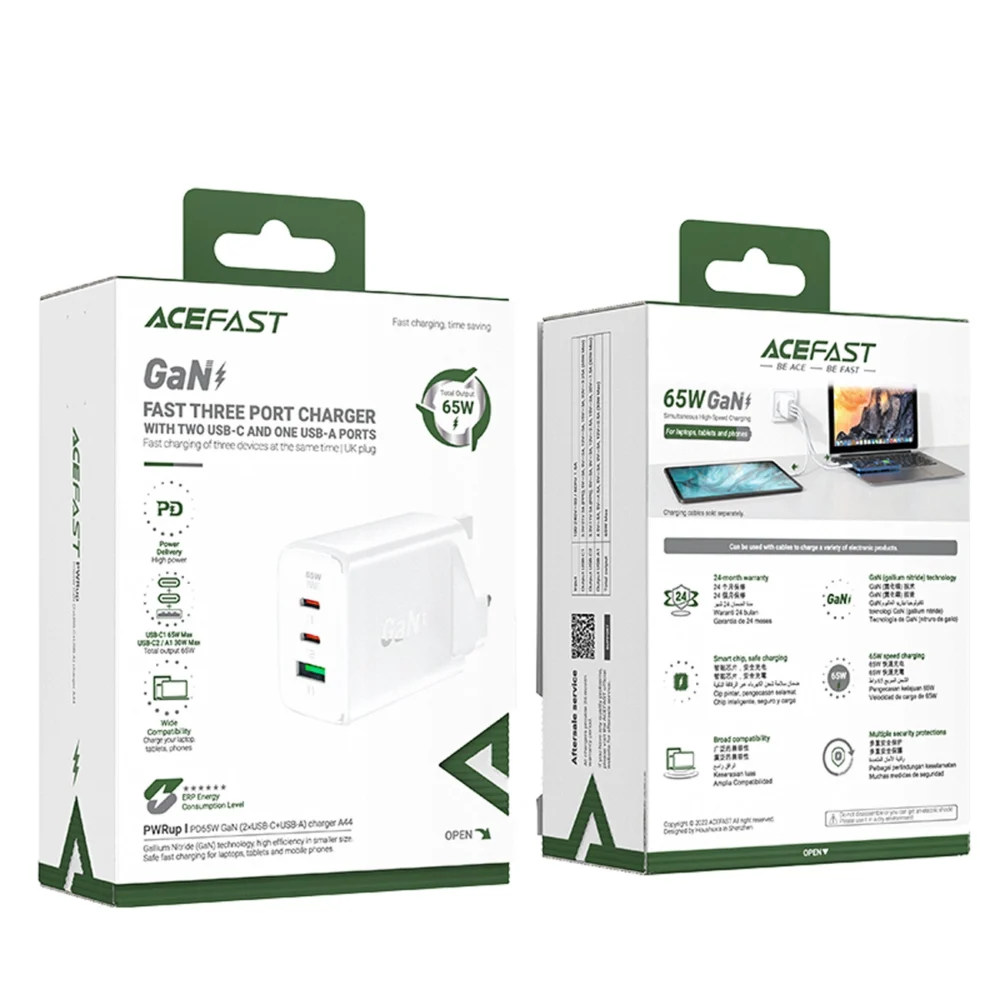 Acefast charger GaN 65W 3 ports (1xUSB, 2xUSB C PD) UK plug white (A44)eng
