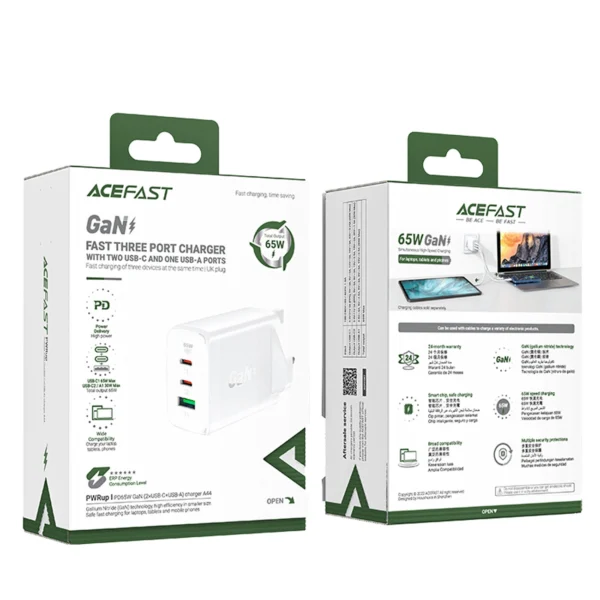 Acefast charger GaN 65W 3 ports (1xUSB, 2xUSB C PD) UK plug white (A44)eng