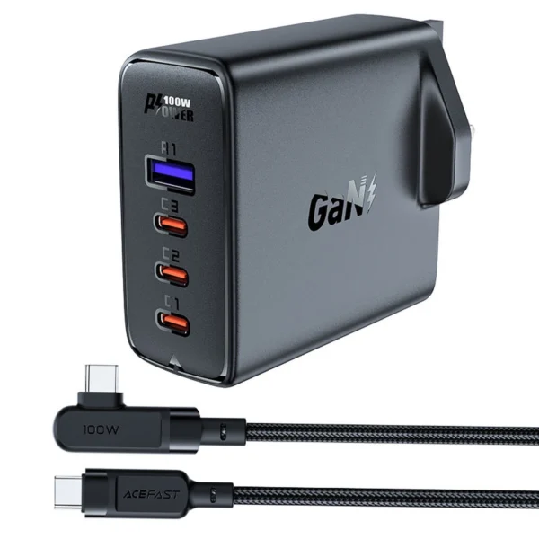 Fast charger GaN UK 100W Power Delivery 3x USB C 1x USB - blackeng