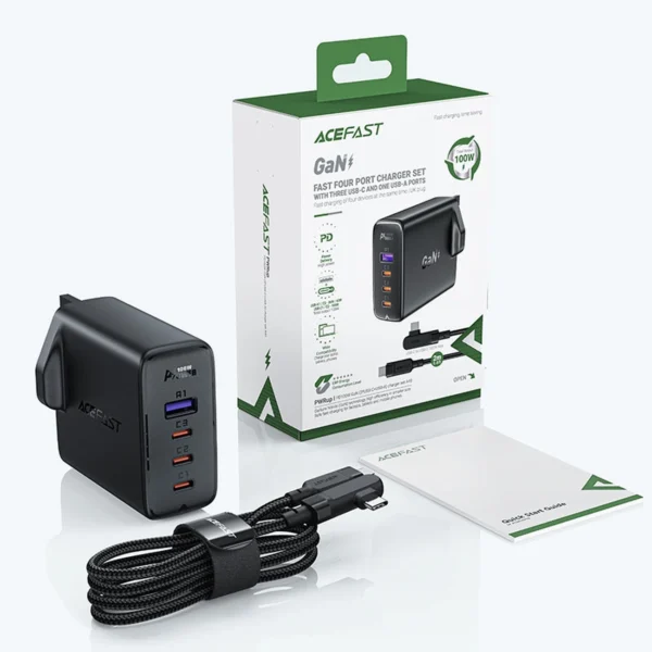 Fast charger GaN UK 100W Power Delivery 3x USB C 1x USB - blackeng