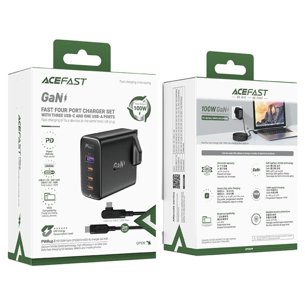 Fast charger GaN UK 100W Power Delivery 3x USB C 1x USB - blackeng