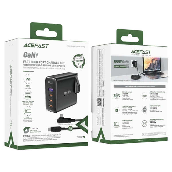 Fast charger GaN UK 100W Power Delivery 3x USB C 1x USB - blackeng