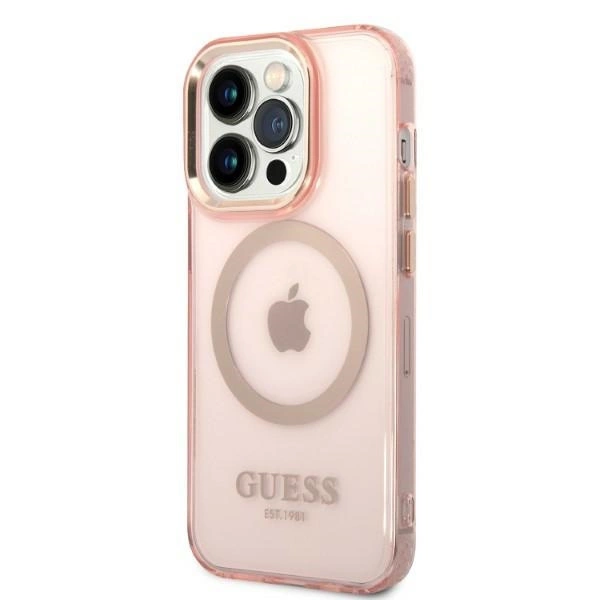 Guess GUHMP14LHTCMP iPhone 14 Pro 6.1" pink/pink hard case Gold Outline Translucent MagSafeeng
