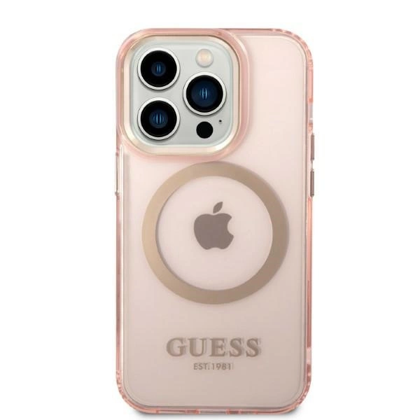 Guess GUHMP14LHTCMP iPhone 14 Pro 6.1" pink/pink hard case Gold Outline Translucent MagSafeeng