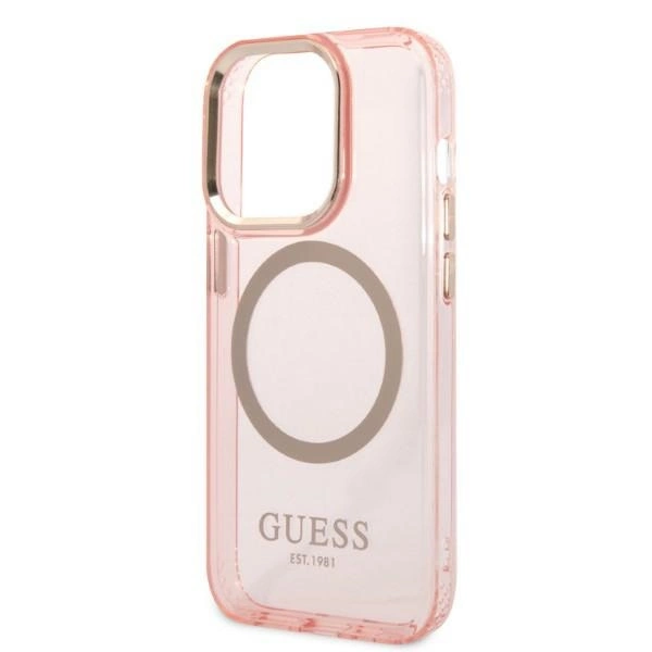 Guess GUHMP14LHTCMP iPhone 14 Pro 6.1" pink/pink hard case Gold Outline Translucent MagSafeeng