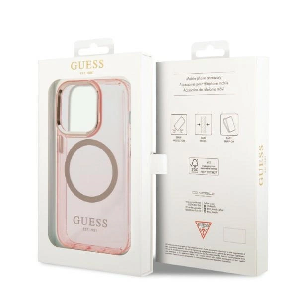 Guess GUHMP14LHTCMP iPhone 14 Pro 6.1" pink/pink hard case Gold Outline Translucent MagSafeeng