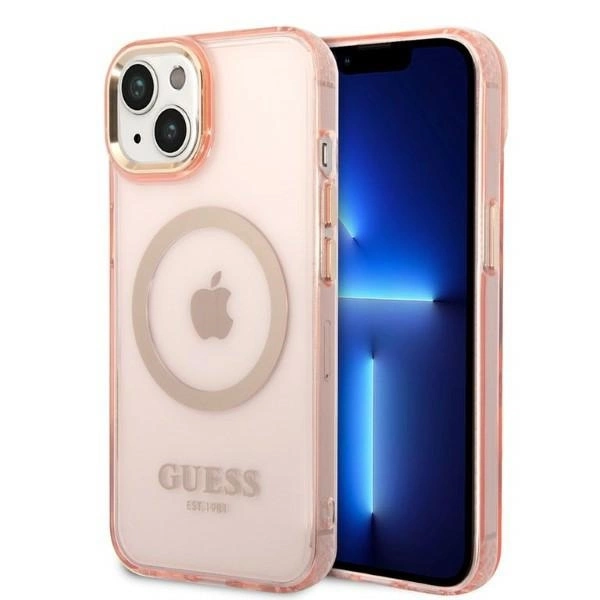 Guess GUHMP14MHTCMP iPhone 14 Plus 6.7" pink/pink hard case Gold Outline Translucent MagSafeeng