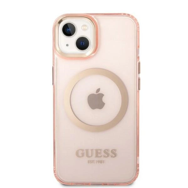 Guess GUHMP14MHTCMP iPhone 14 Plus 6.7" pink/pink hard case Gold Outline Translucent MagSafeeng