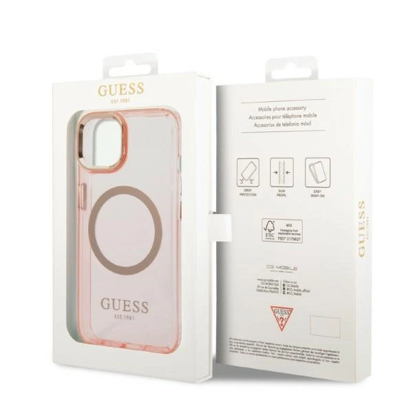 Guess GUHMP14MHTCMP iPhone 14 Plus 6.7" pink/pink hard case Gold Outline Translucent MagSafeeng