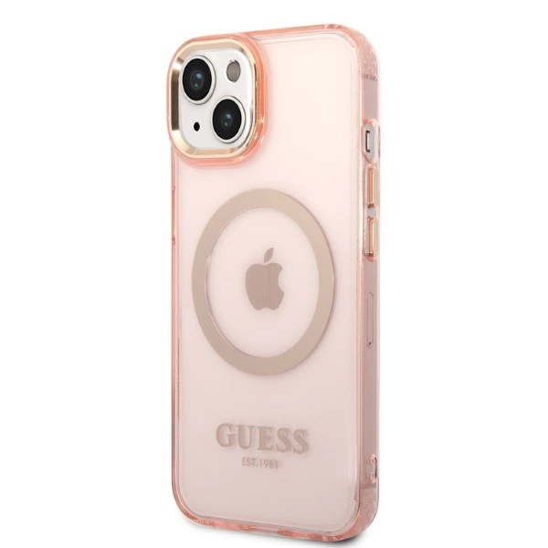 Guess GUHMP14SHTCMP iPhone 14 6.1" pink/pink hard case Gold Outline Translucent MagSafeeng