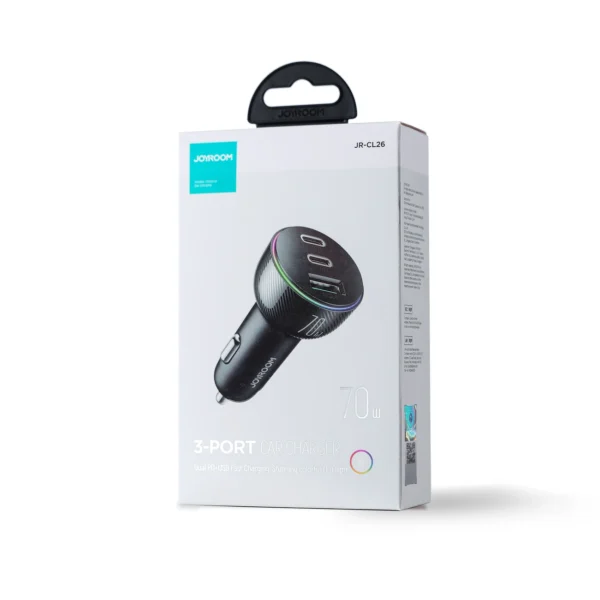 Joyroom car charger 70W with 3 ports: USB, 2 x USB C black (JR-CL26)eng